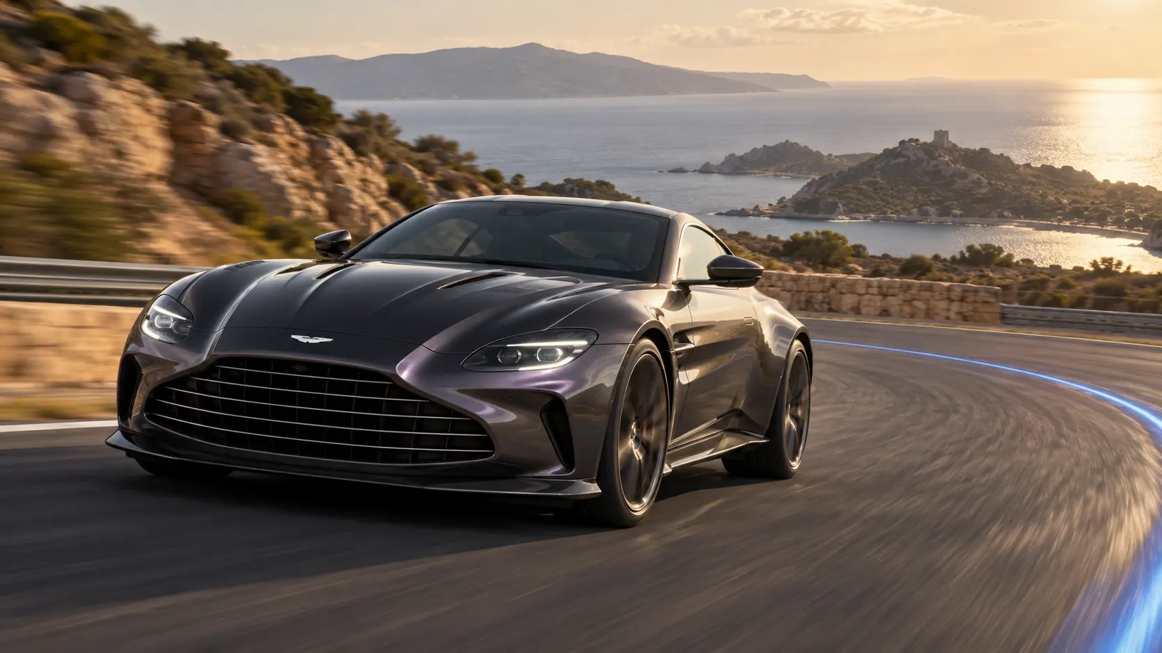 A graphite Aston Martin Vantage following the racing line on a Mediterranean circuit