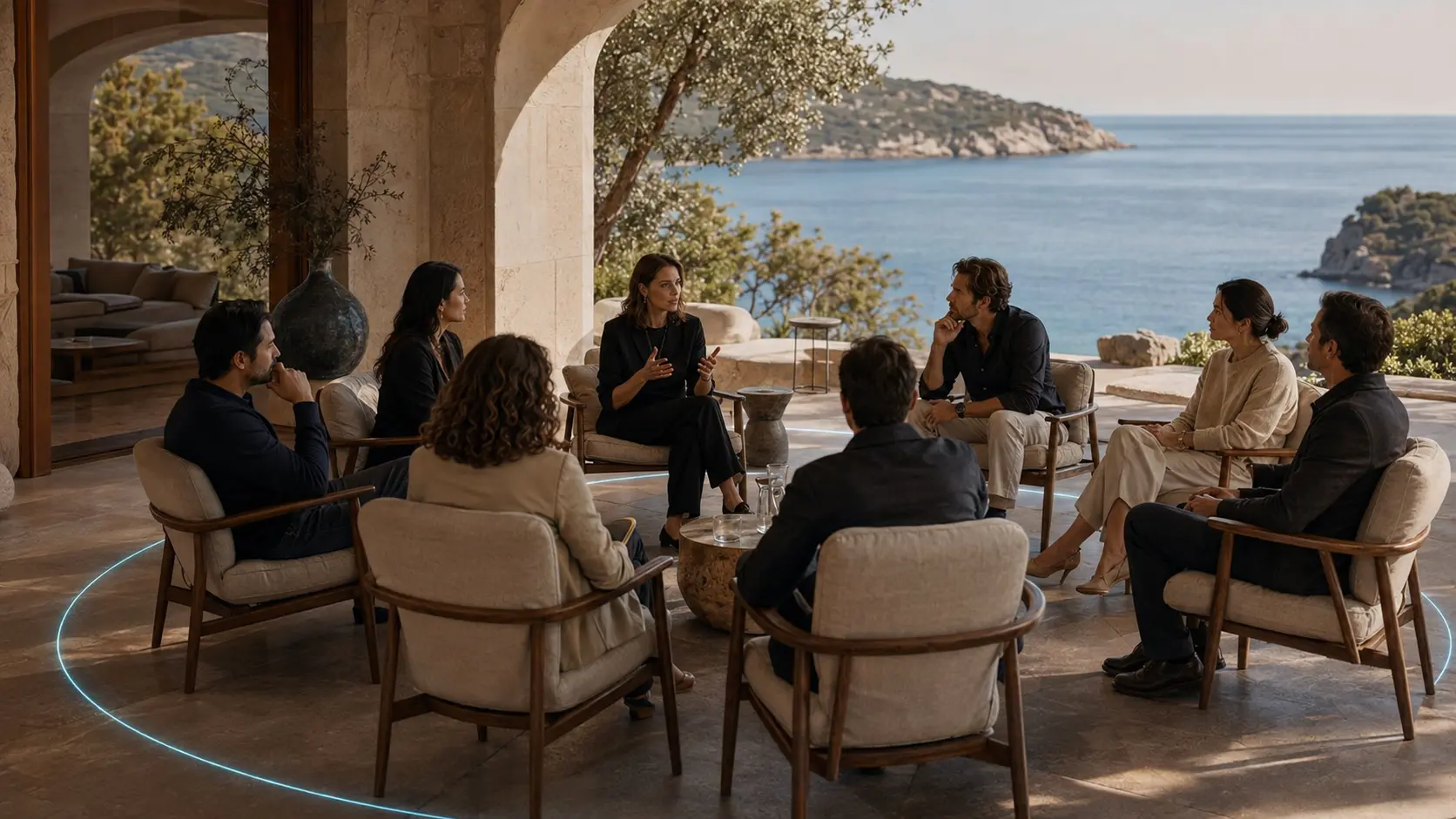 A contemporary group of founders and CEOs taking part in a private facilitated conversation in Sardinia