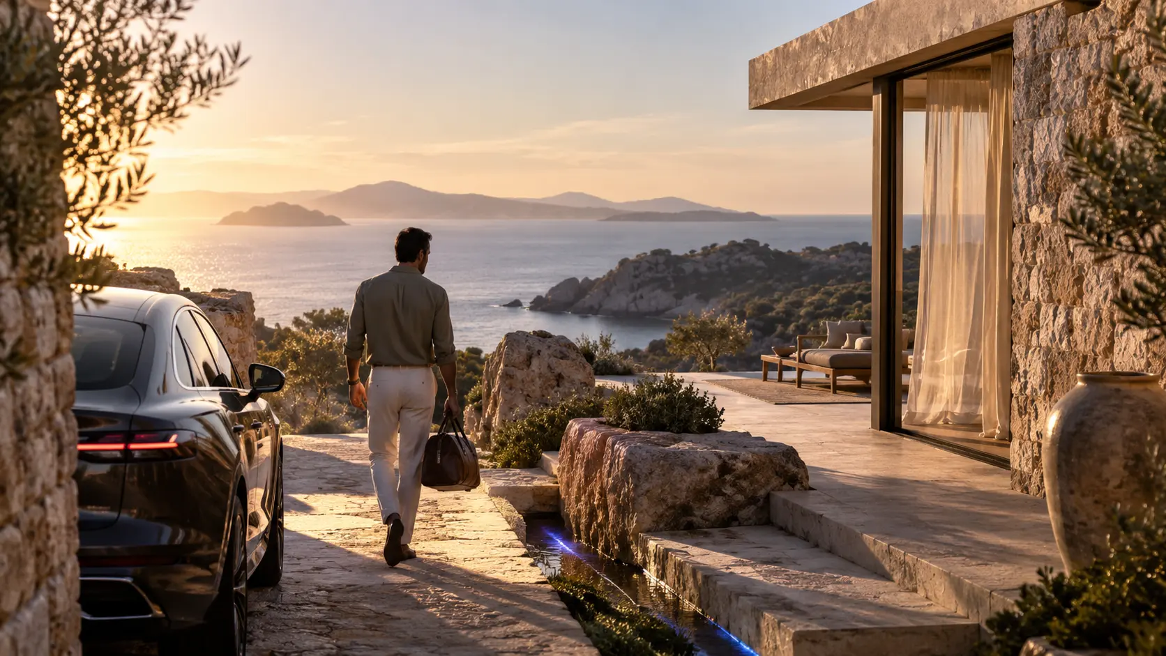 A contemporary executive arriving at a private Sardinian retreat overlooking the sea