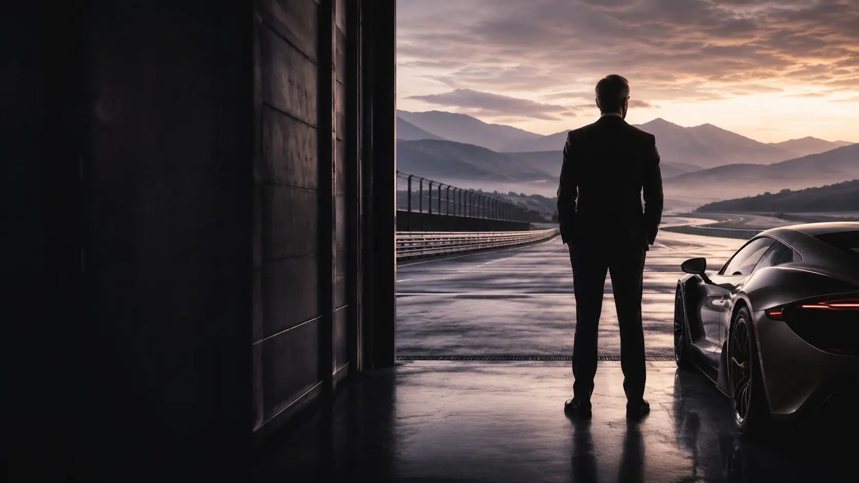 An executive standing with a sports car, looking across a private circuit at dawn