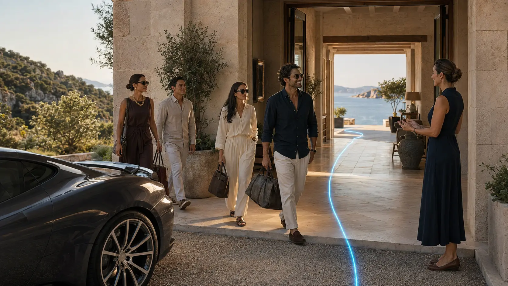 Contemporary founders and CEOs arriving at a private Sardinian stone villa