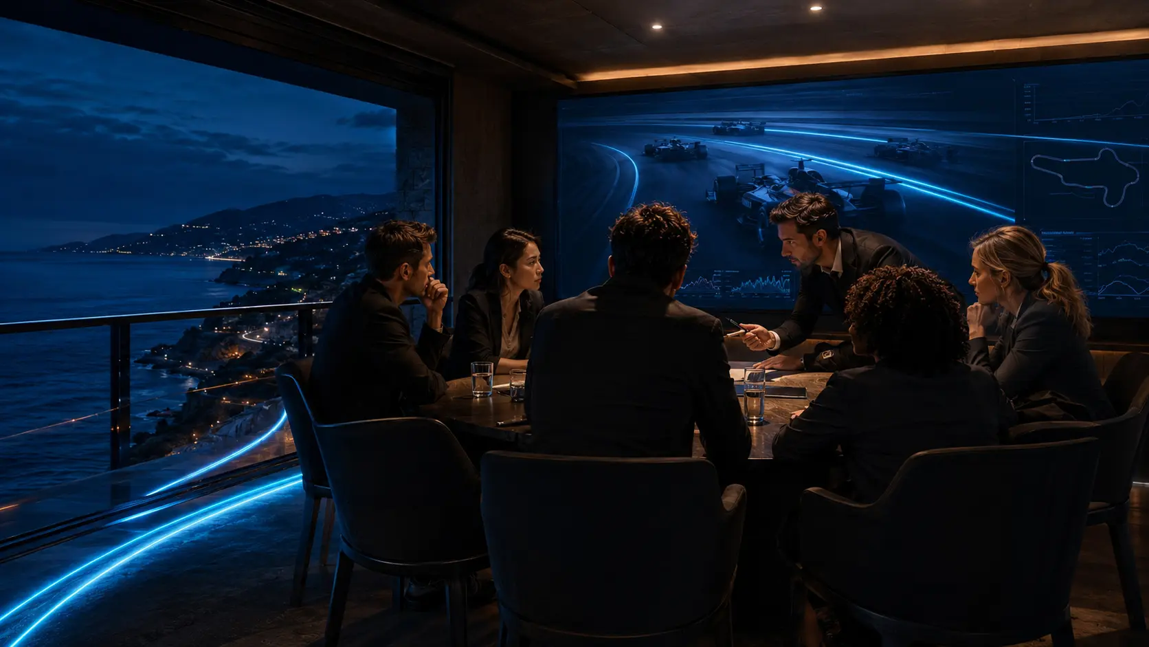A contemporary group of founders and CEOs analysing an unbranded open-wheel race in a private Sardinian setting