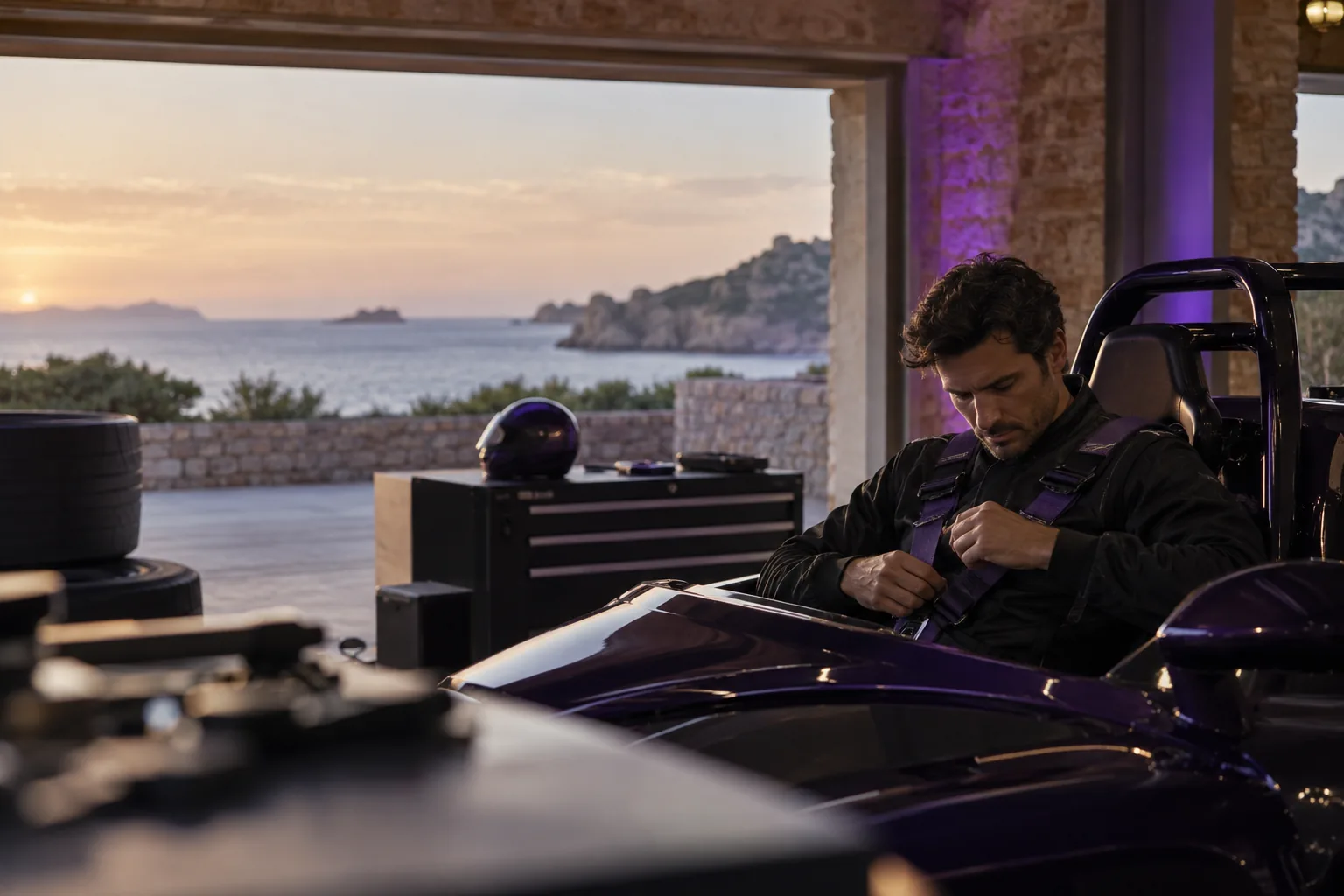 An adult driver fastening a harness, deliberate preparation in a violet-lit garage