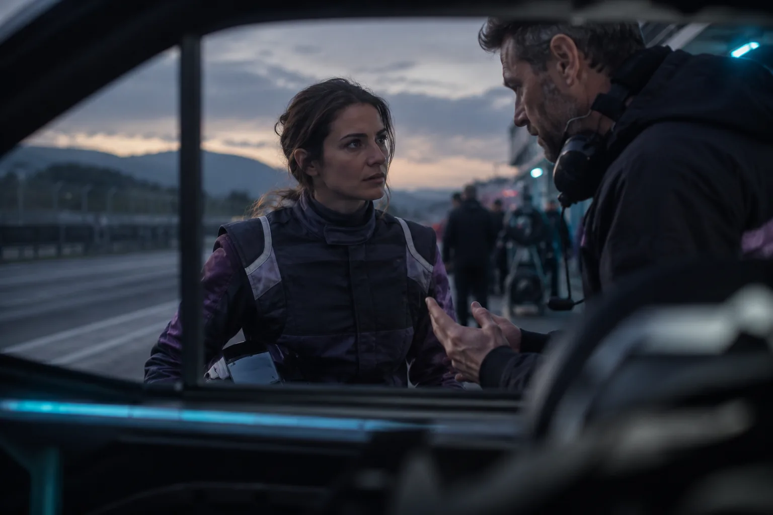 A woman racing driver listening carefully to an engineer before entering the cockpit