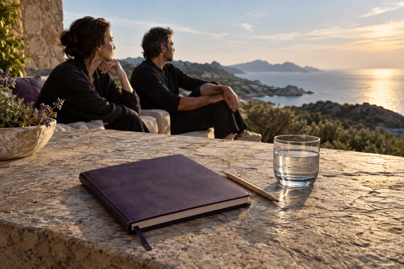 A quiet reflection notebook, pencil and water on a stone table with two executives beyond