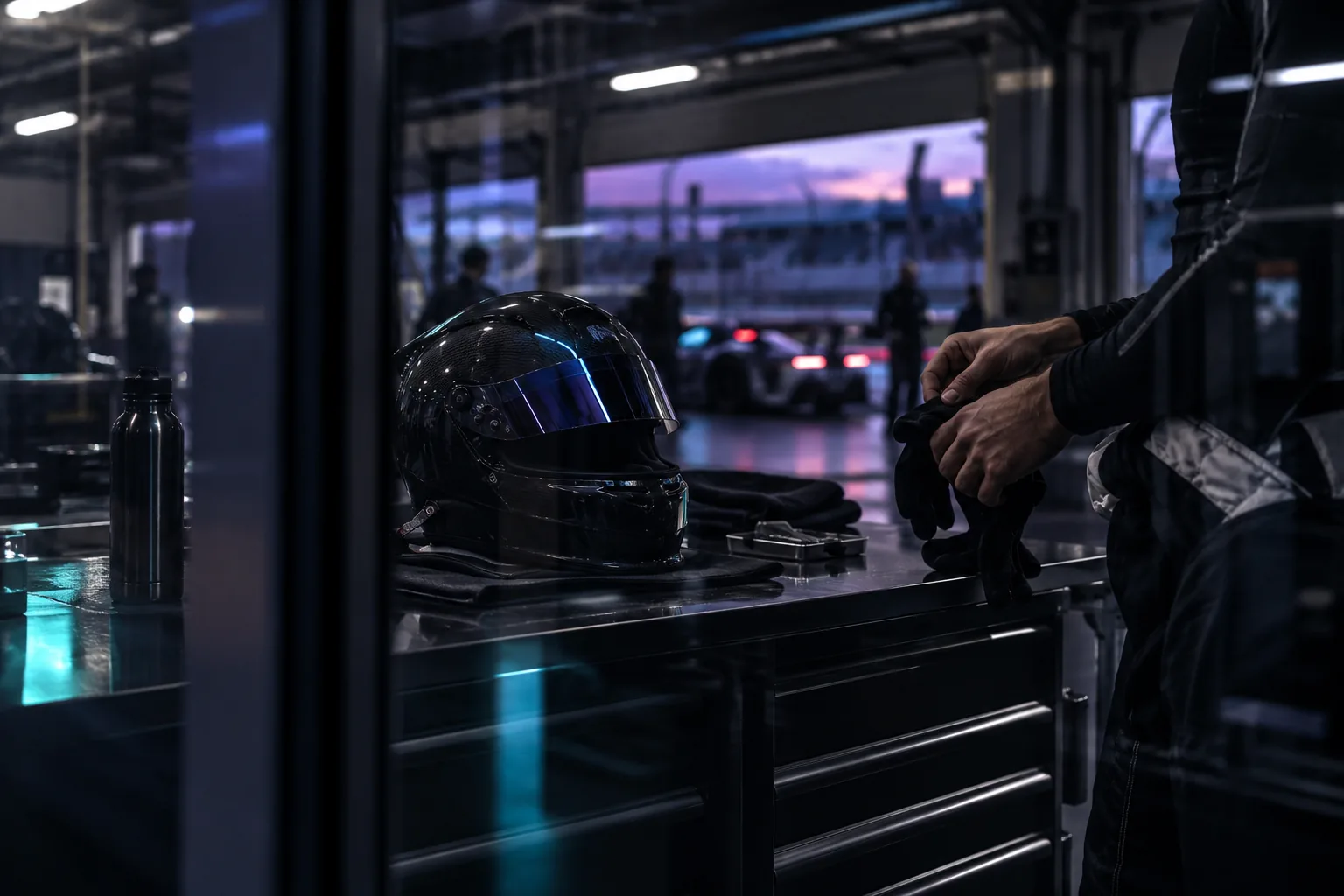 A helmet on a graphite workbench beside the hands of a preparing driver