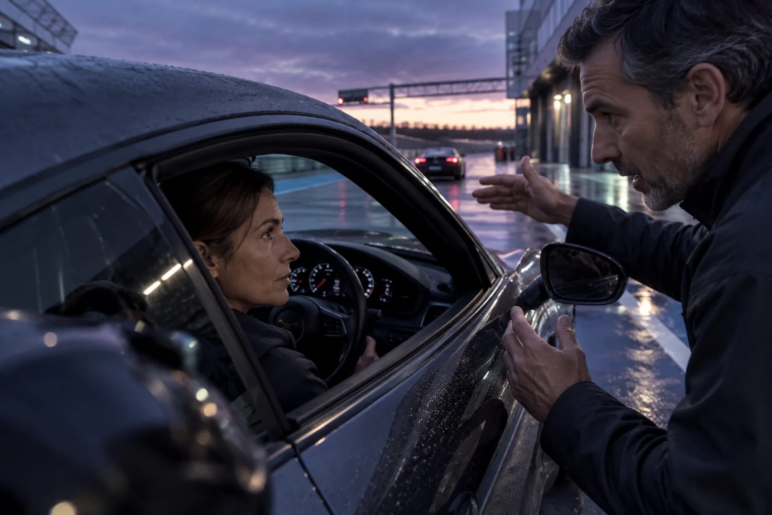 A contemporary executive in a graphite sports car listening to a driving instructor before a private circuit session
