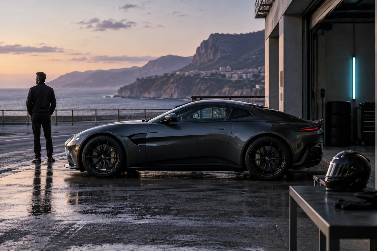 A graphite Aston Martin Vantage beside a coastal circuit garage with a helmet on a bench
