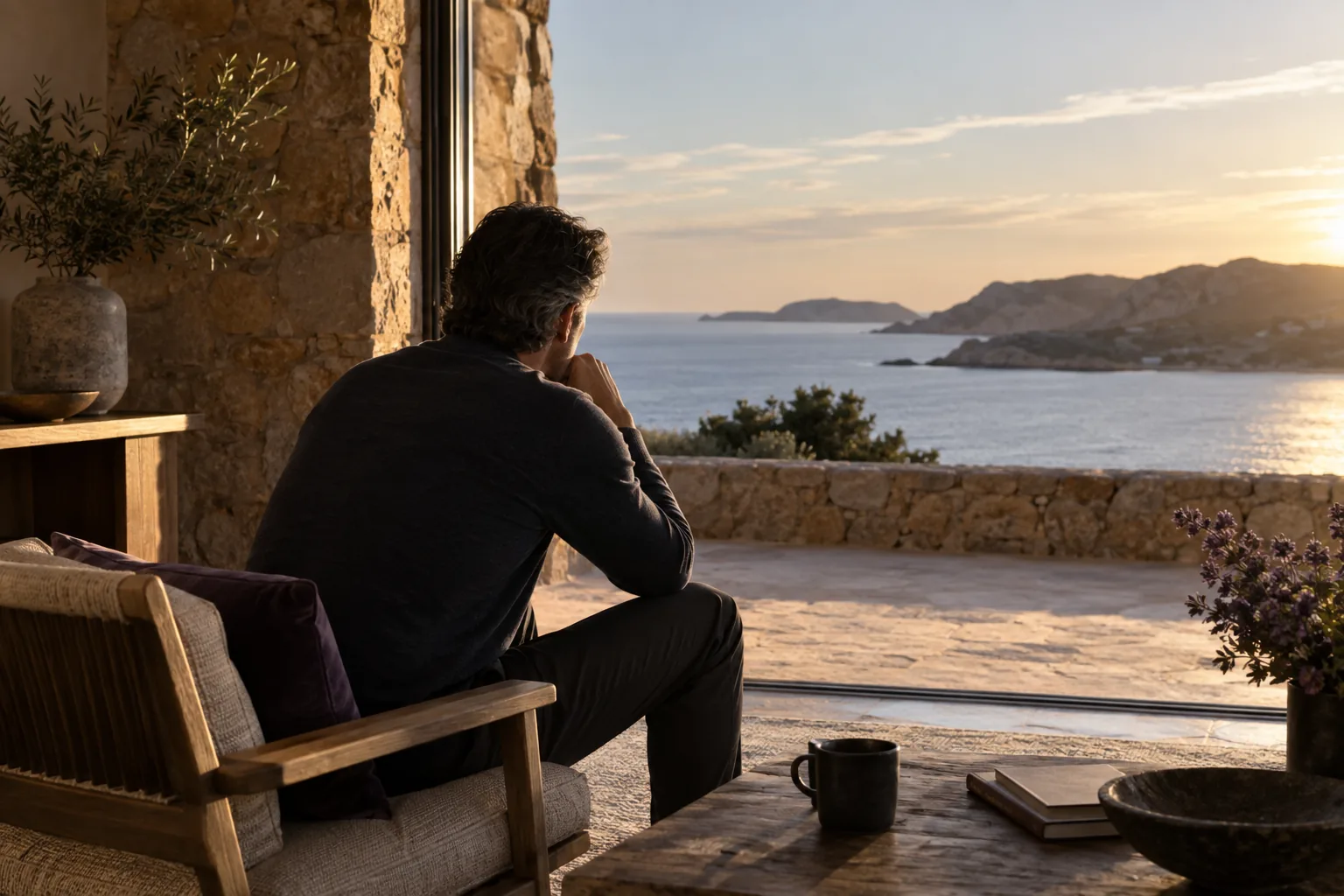 An executive aged 45 reflecting in a quiet room immediately after a private conversation