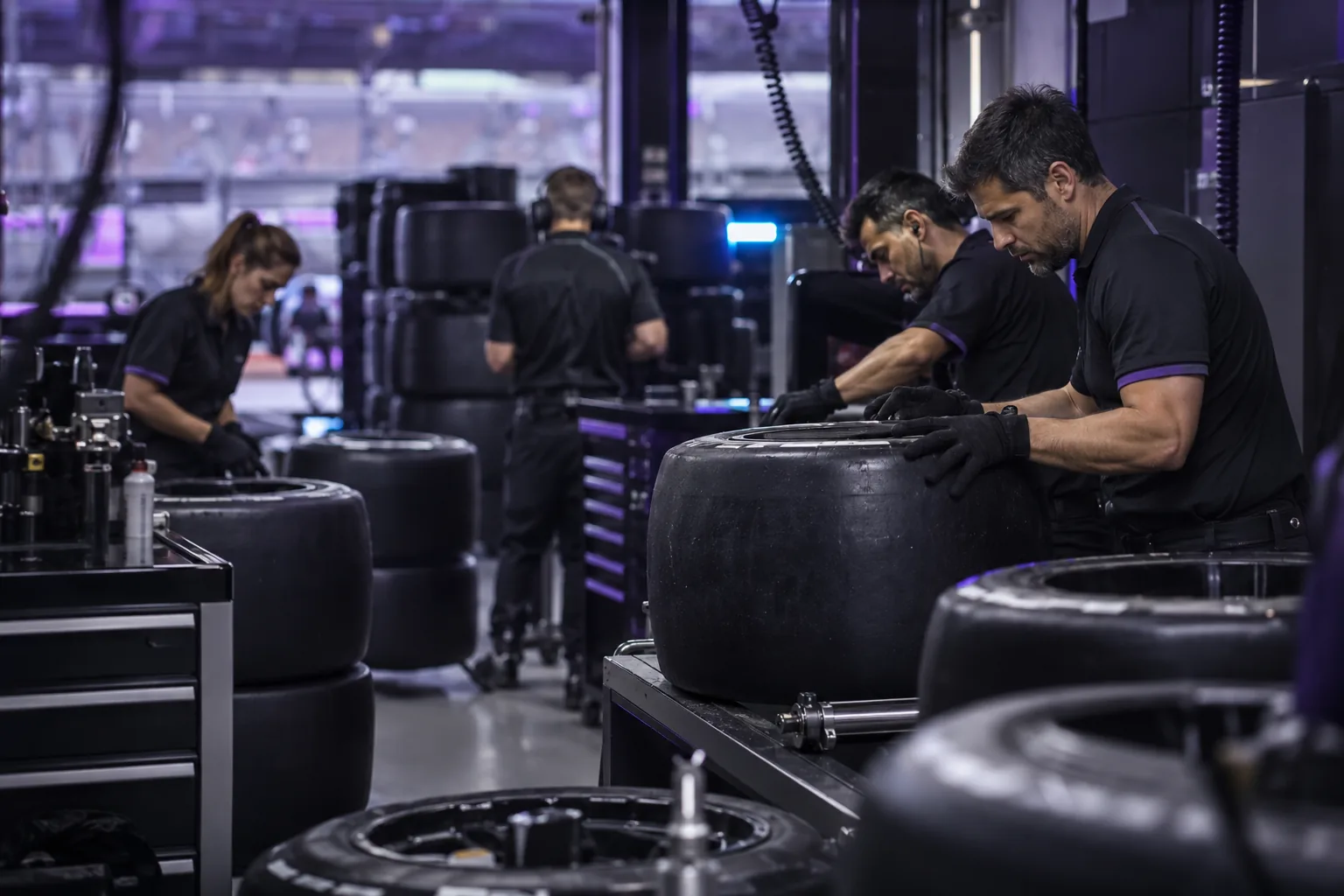 A pit crew preparing tyres before a race, disciplined teamwork in a graphite garage