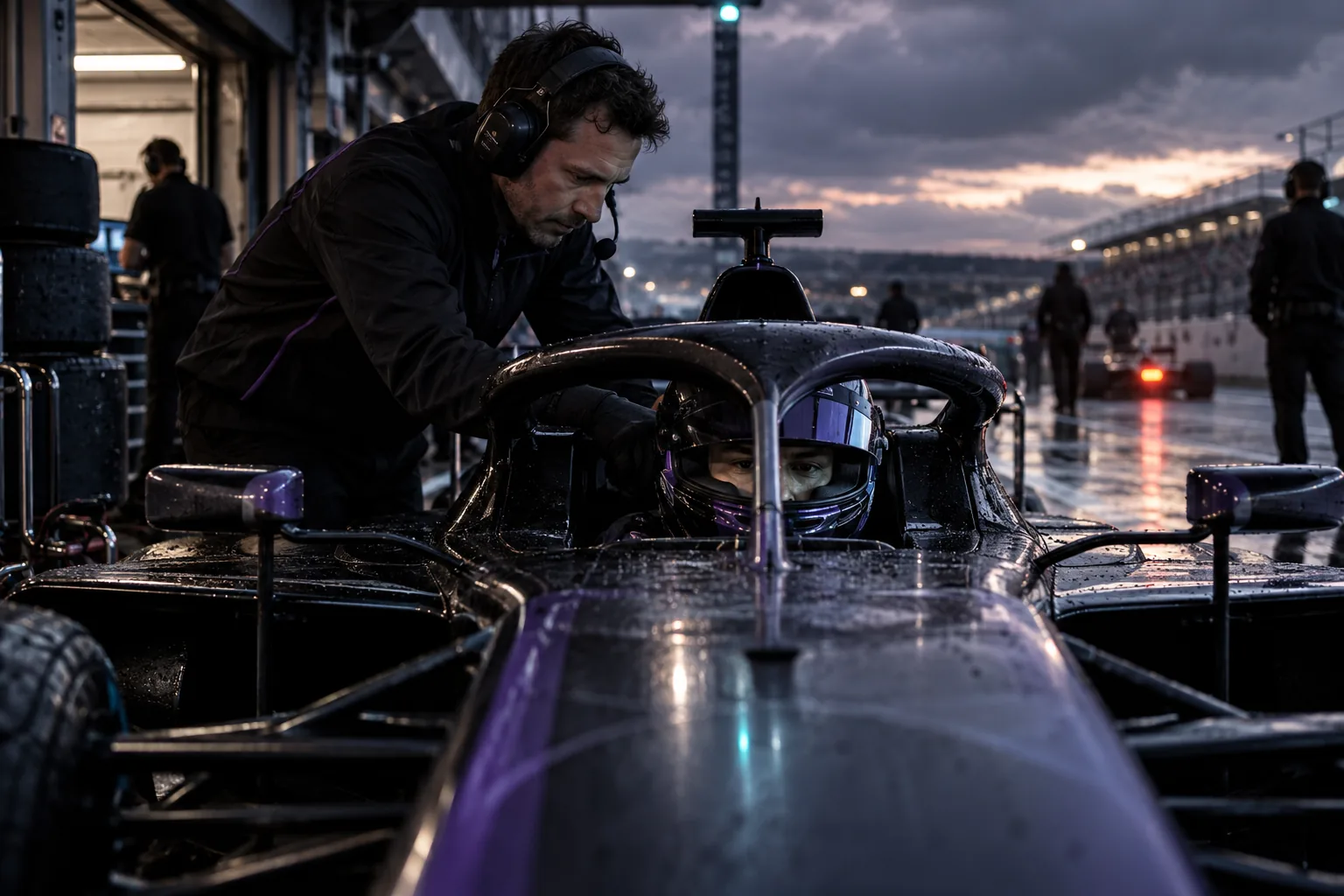 An unbranded open-wheel cockpit and a driver making a careful pre-race check