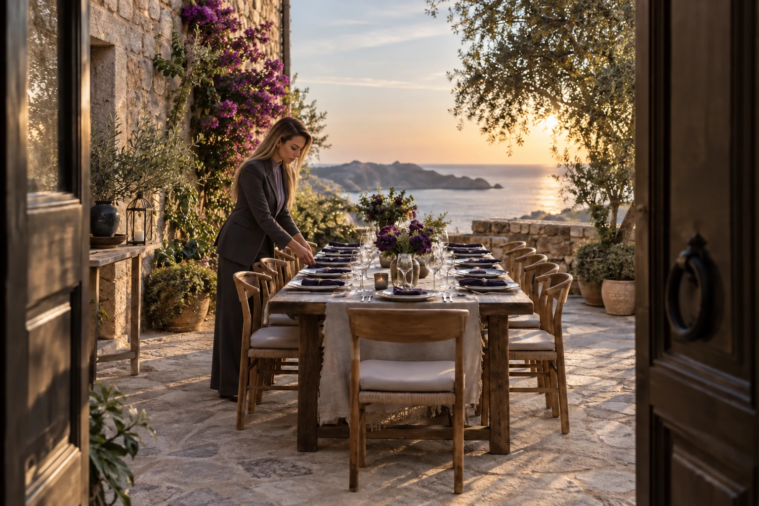 A host preparing eleven places for dinner in a Sardinian courtyard