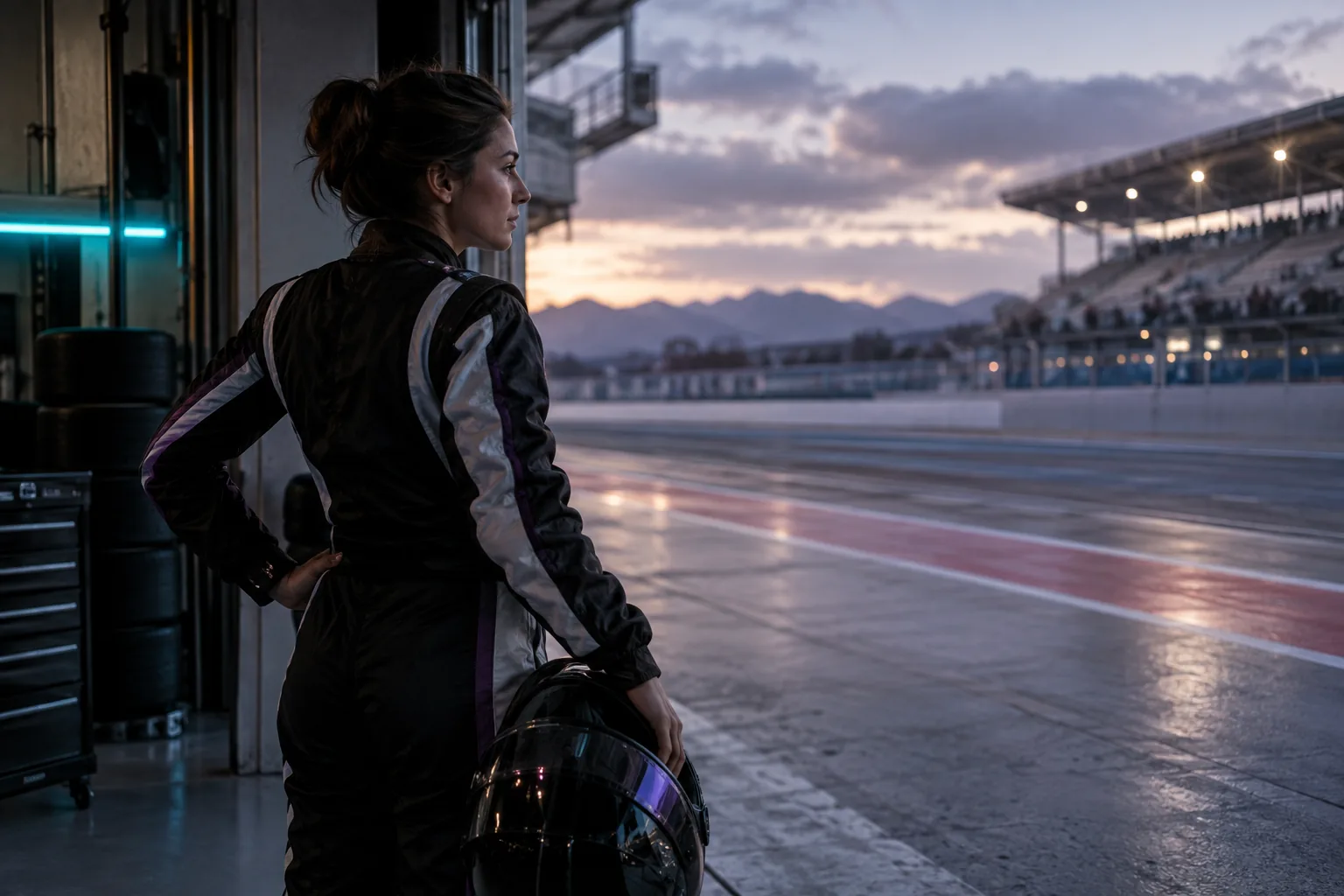 An adult woman racing driver silently reviewing the track from a garage doorway