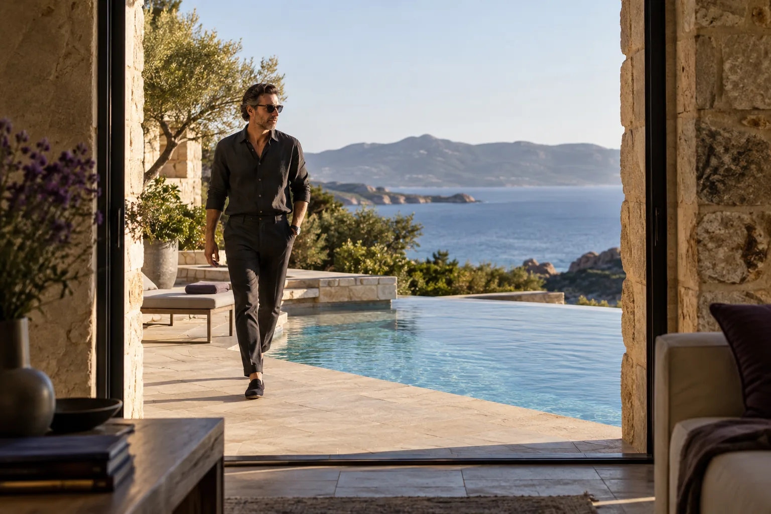 A contemporary executive aged 43 walking quietly beside a private pool after a session