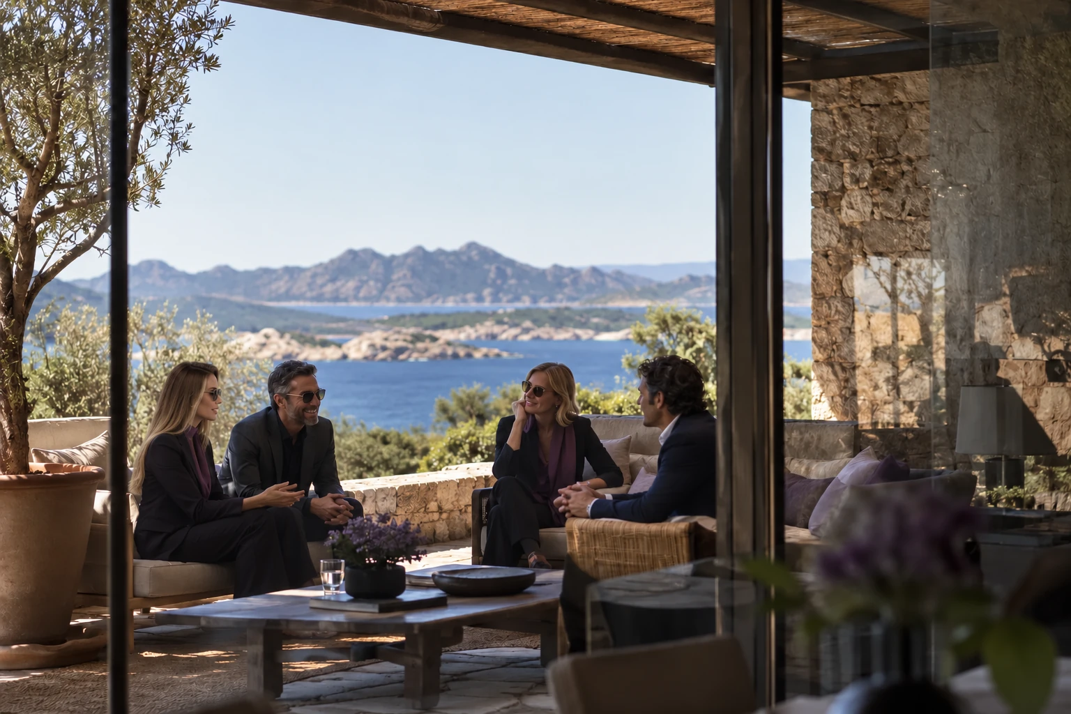A small informal conversation on a shaded terrace after a leadership session