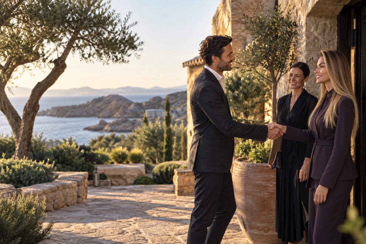 An executive aged 39 receiving a quiet welcome at a coastal courtyard