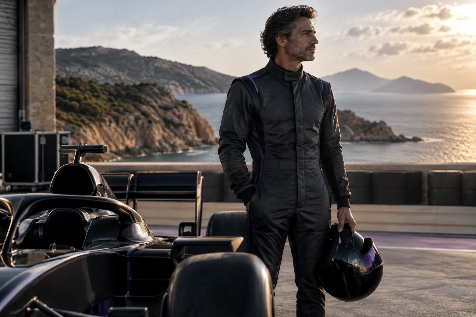 A driver gathering focus beside a graphite car before a circuit session