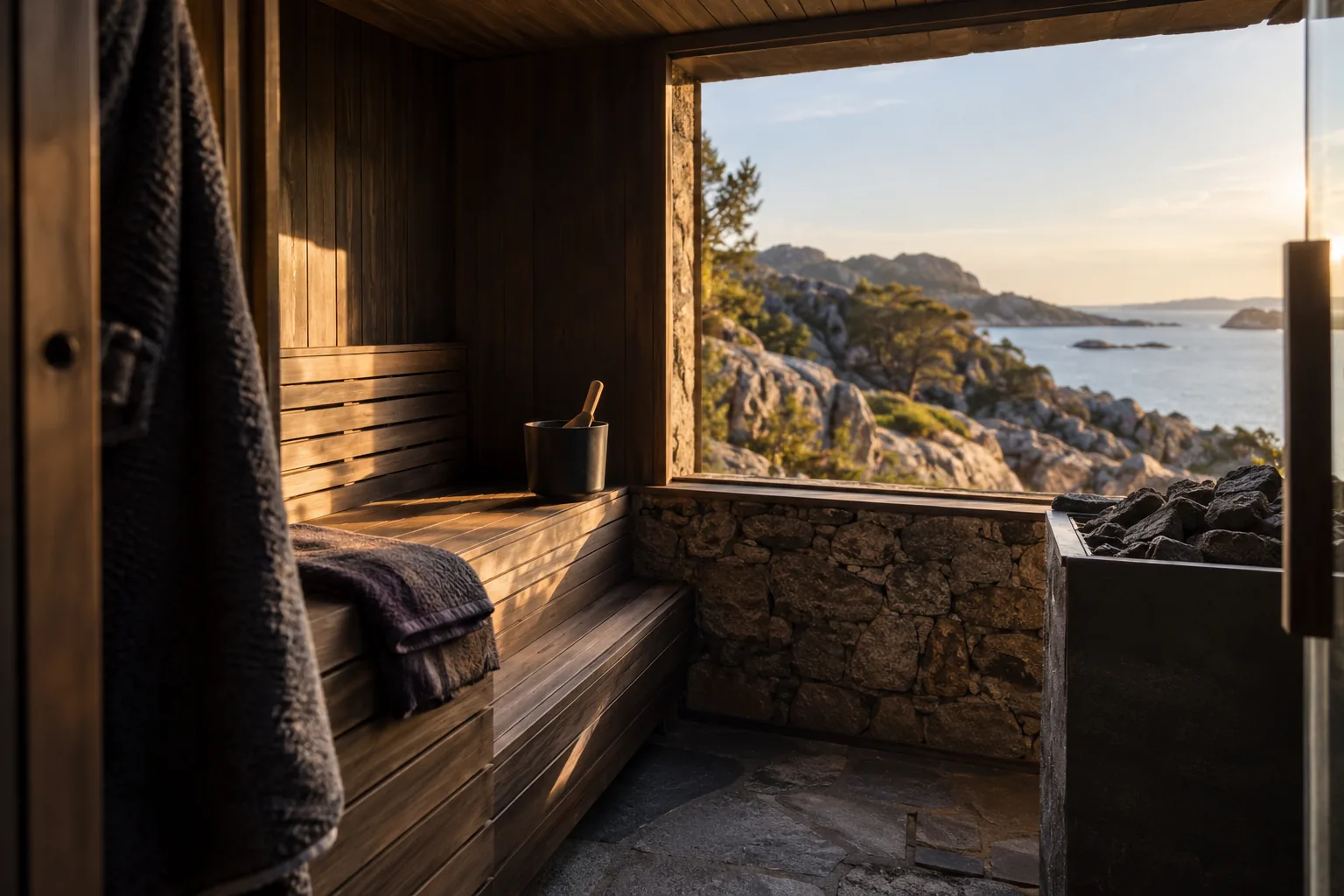 A small private sauna made of dark timber and stone, no person and no staged ritual