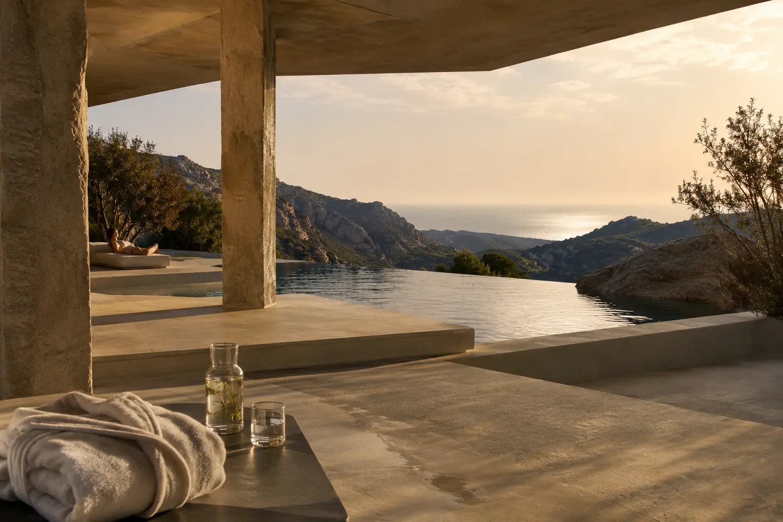 A serene stone spa and infinity pool overlooking the Sardinian landscape
