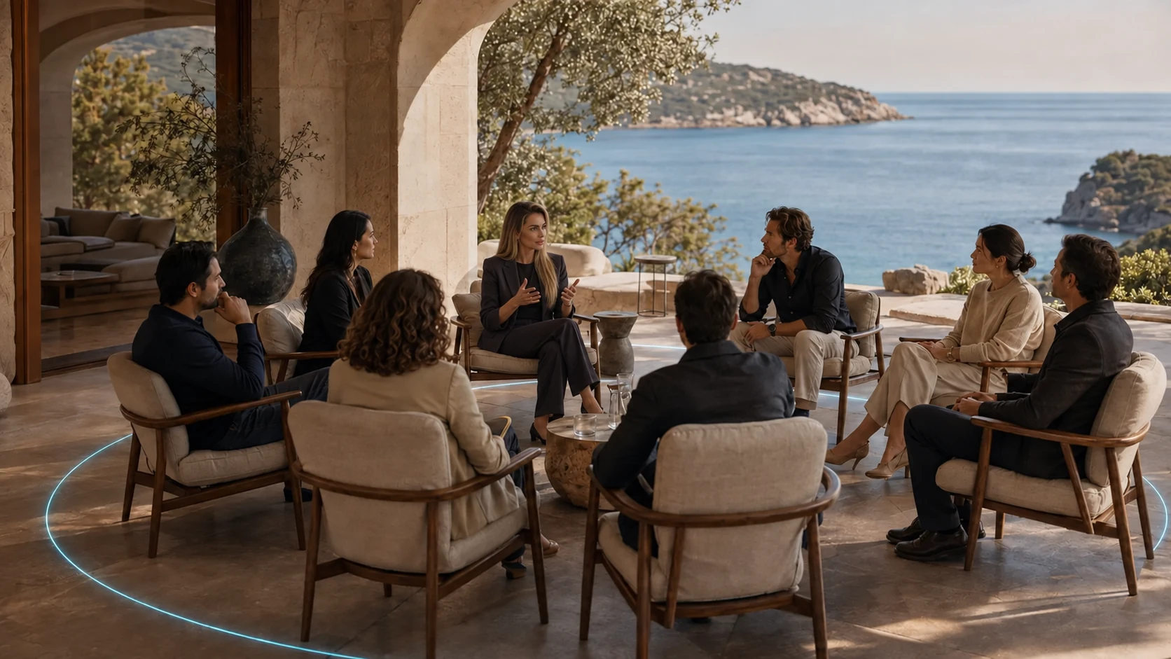 Illustrative scene: Petya facilitating a private conversation with contemporary founders and CEOs