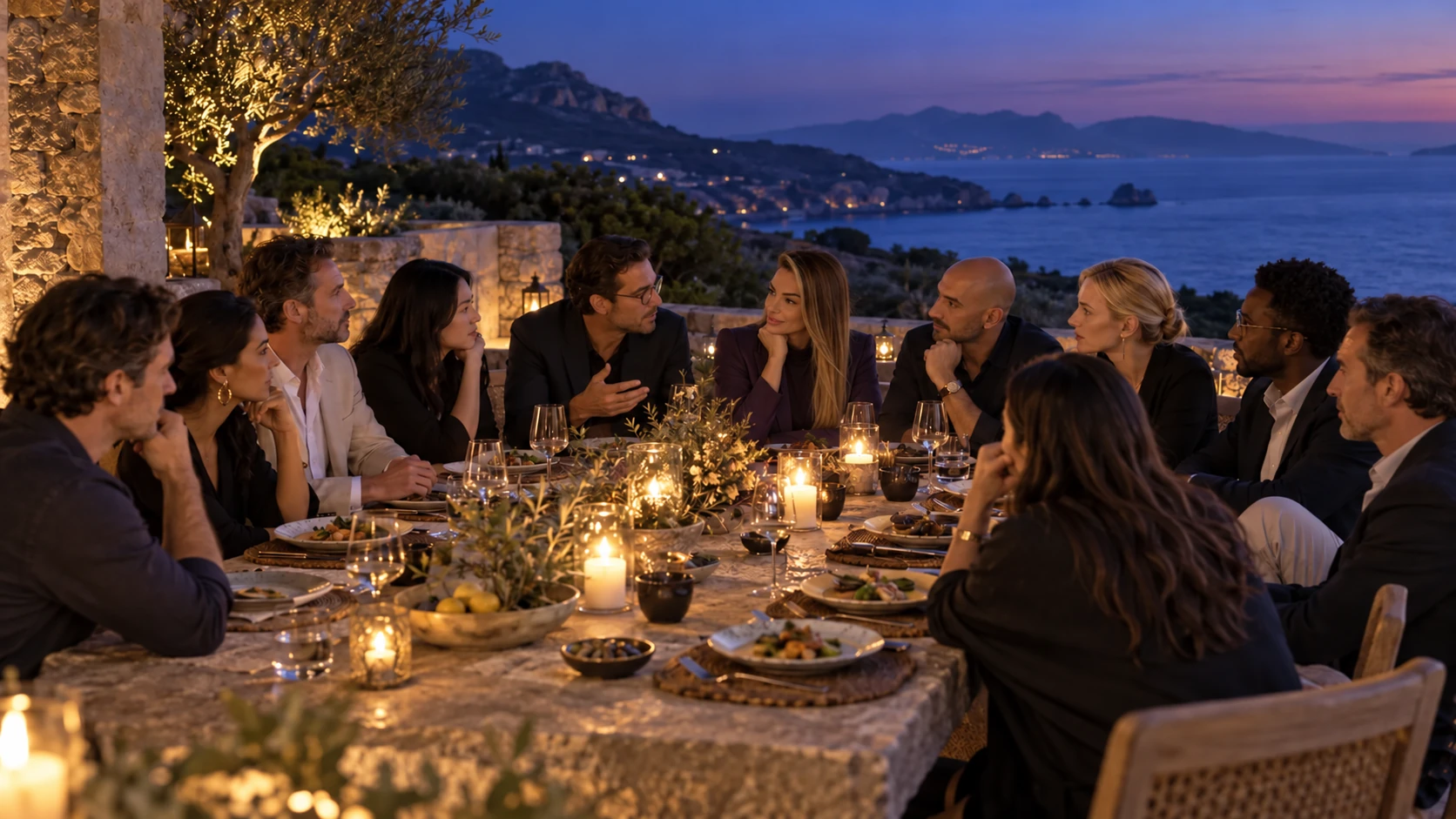 Illustrative scene: Petya among eleven people sharing a private dinner
