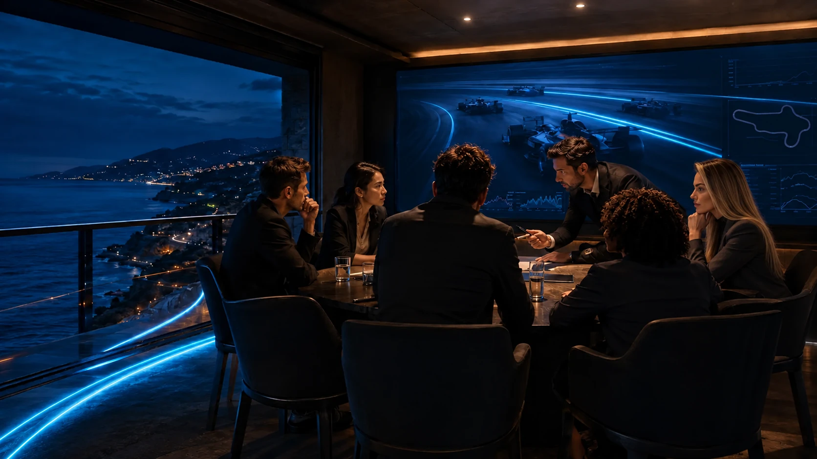 Illustrative scene: Petya and an executive group analysing an unbranded open-wheel race in a private setting