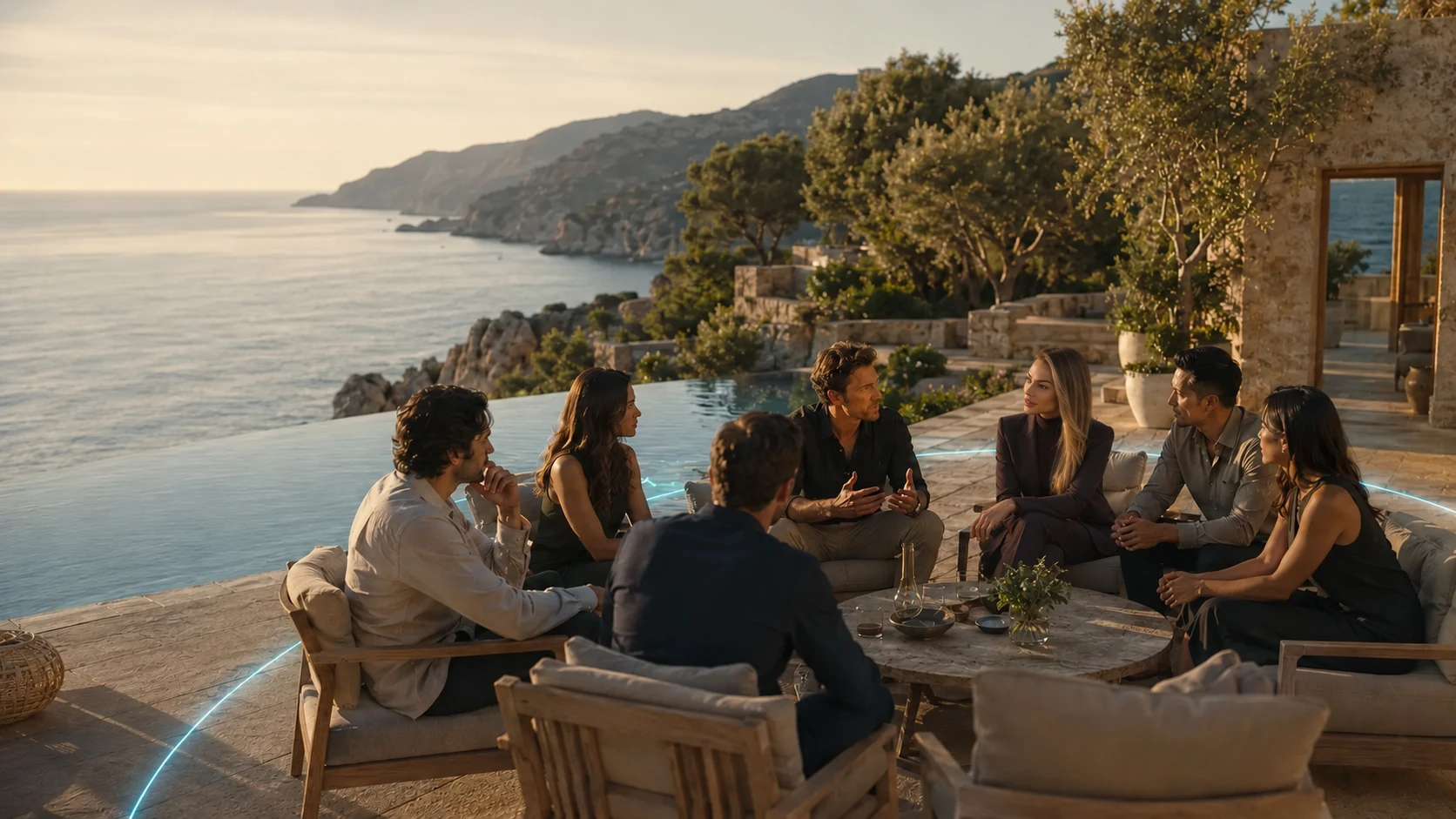 Illustrative scene: Petya and a small executive group in conversation on a terrace