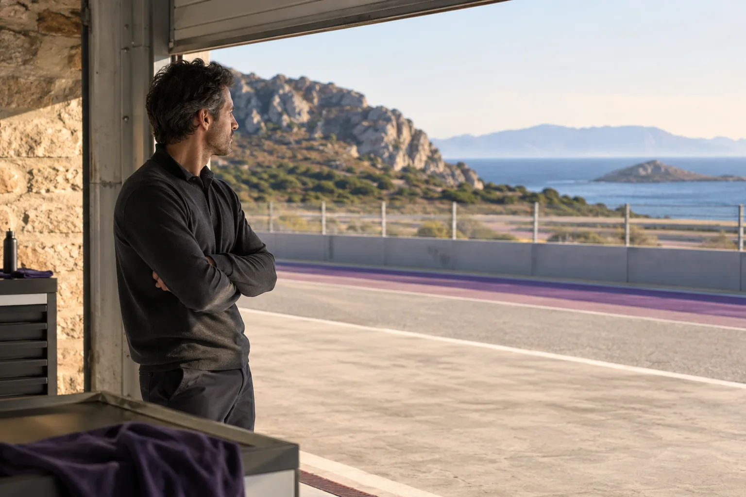 An adult driver looking across the garage towards the track, candid and composed