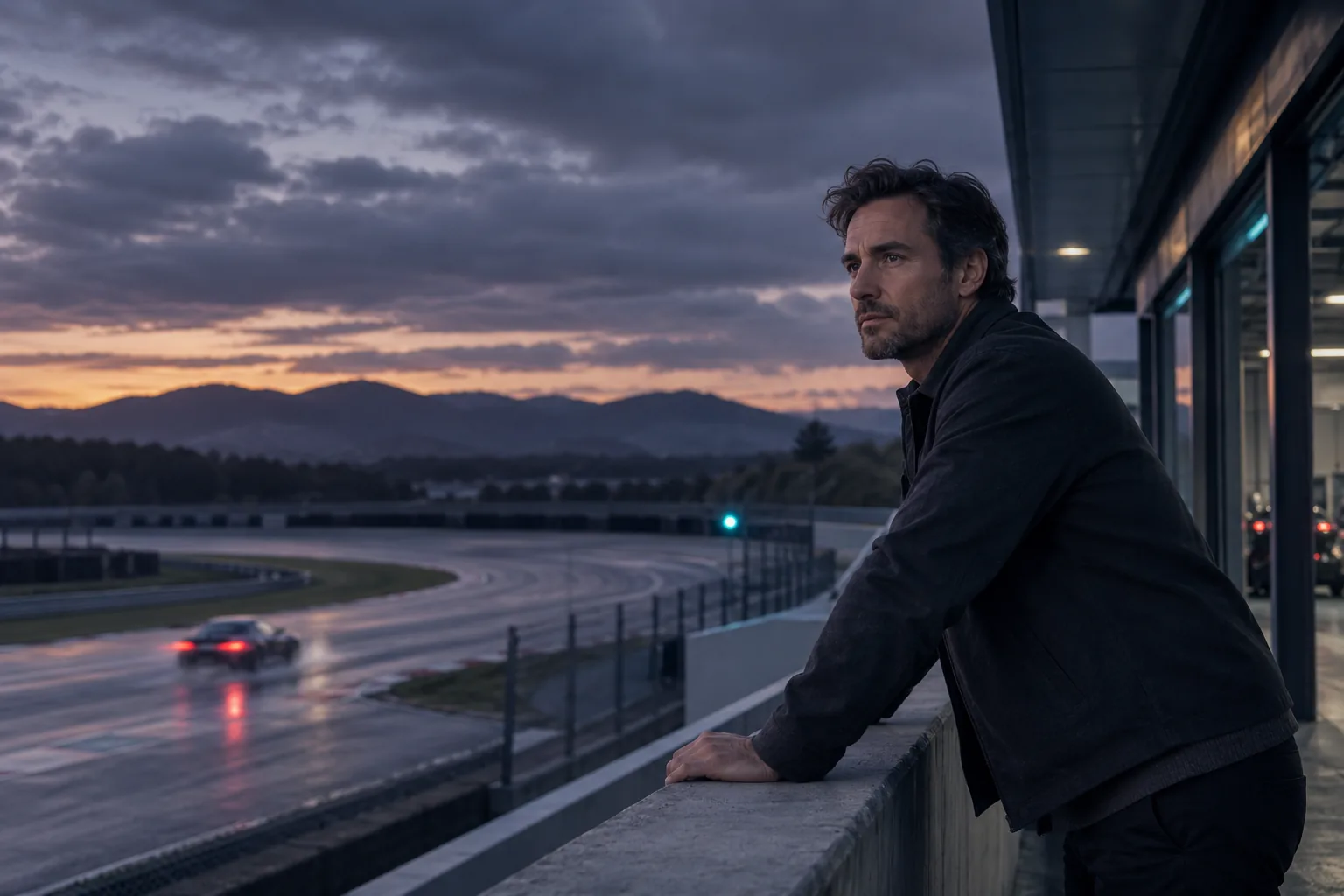 A male founder aged 40 in contemporary tailored casual clothing at a quiet circuit