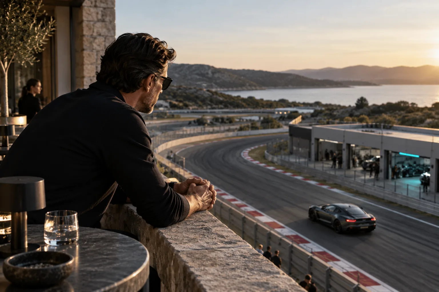 A contemporary executive at a private circuit balcony studying the racing line below