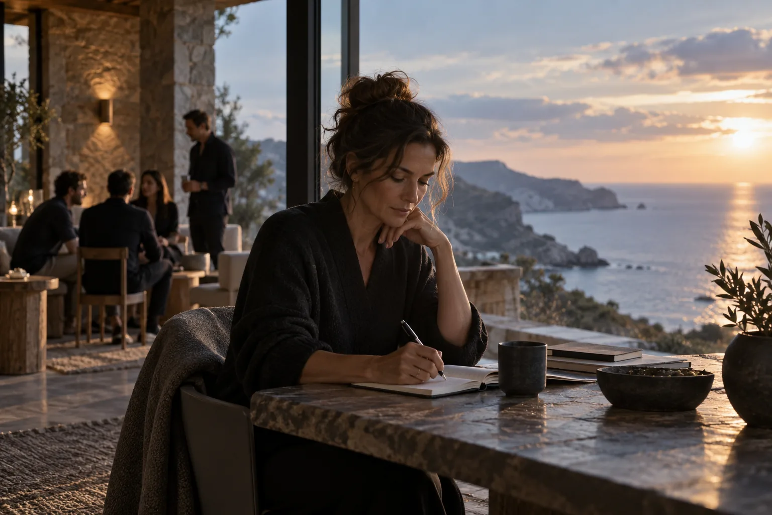 A woman founder aged 44 writing quietly after a group session beside a sea-facing window
