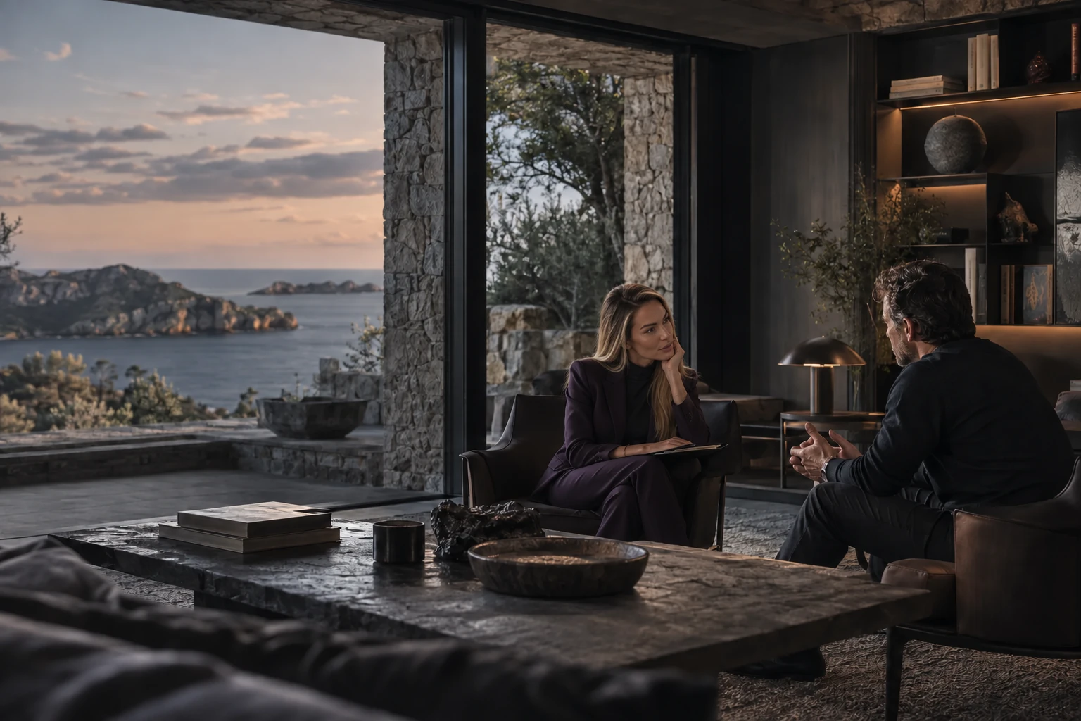 Illustrative scene: Petya listening to an executive in a private charcoal-toned study overlooking the sea