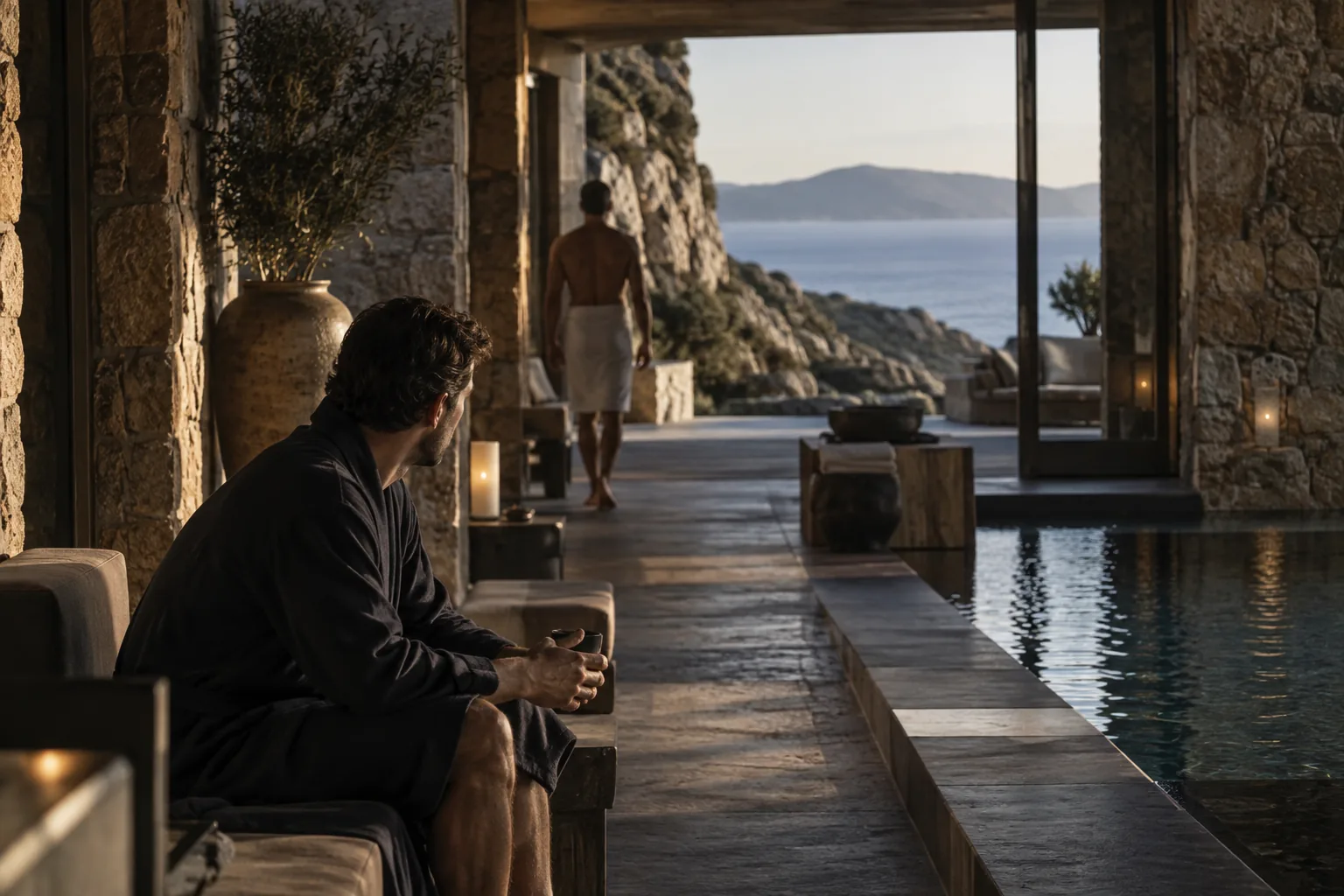 A private stone spa corridor opening towards the sea