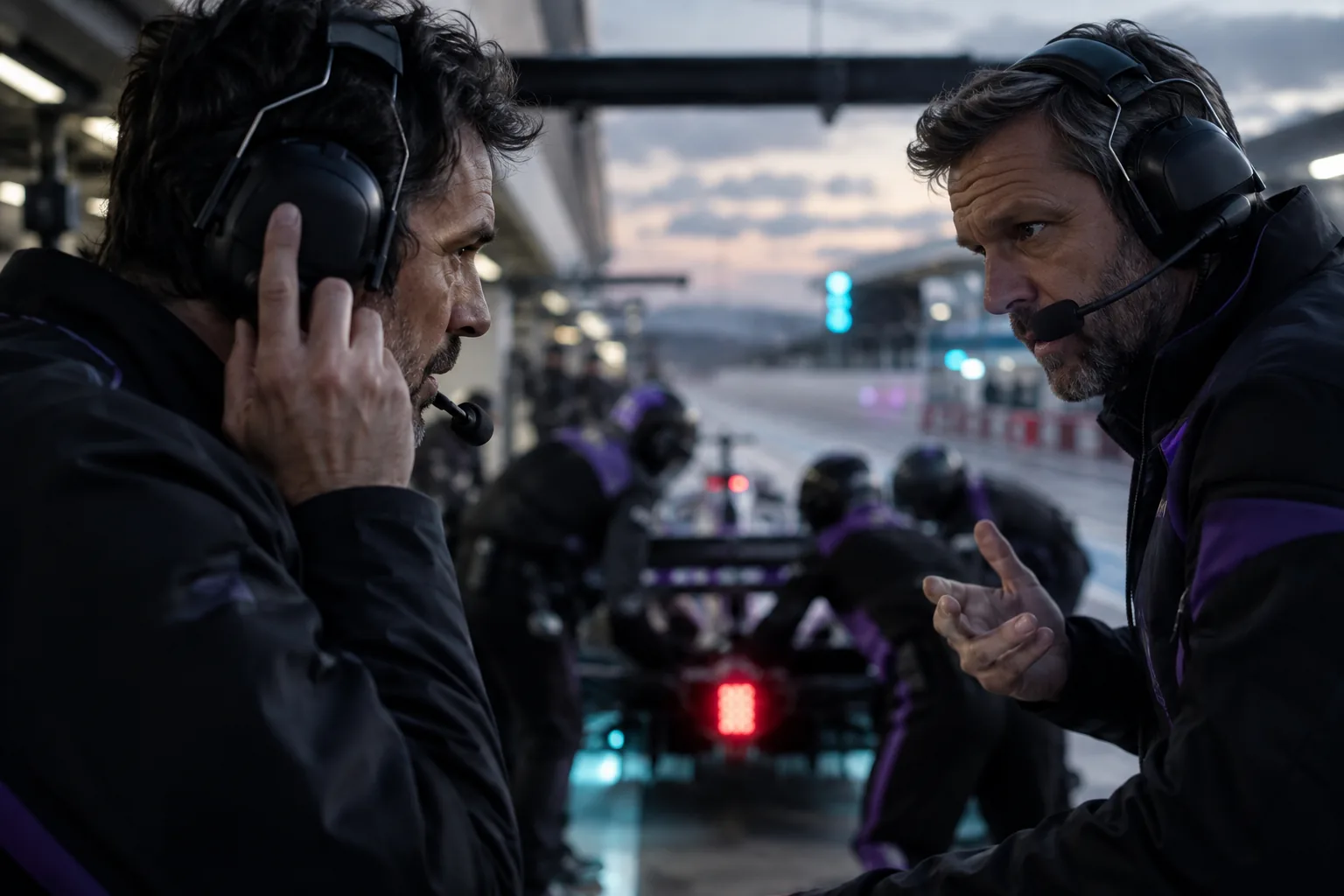 Race engineers exchanging a brief message through headsets before a race