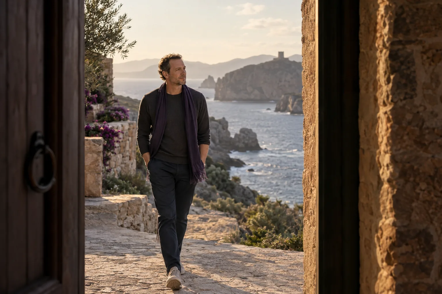 A founder aged 41 in ordinary contemporary clothes walking beside the coastline in late afternoon