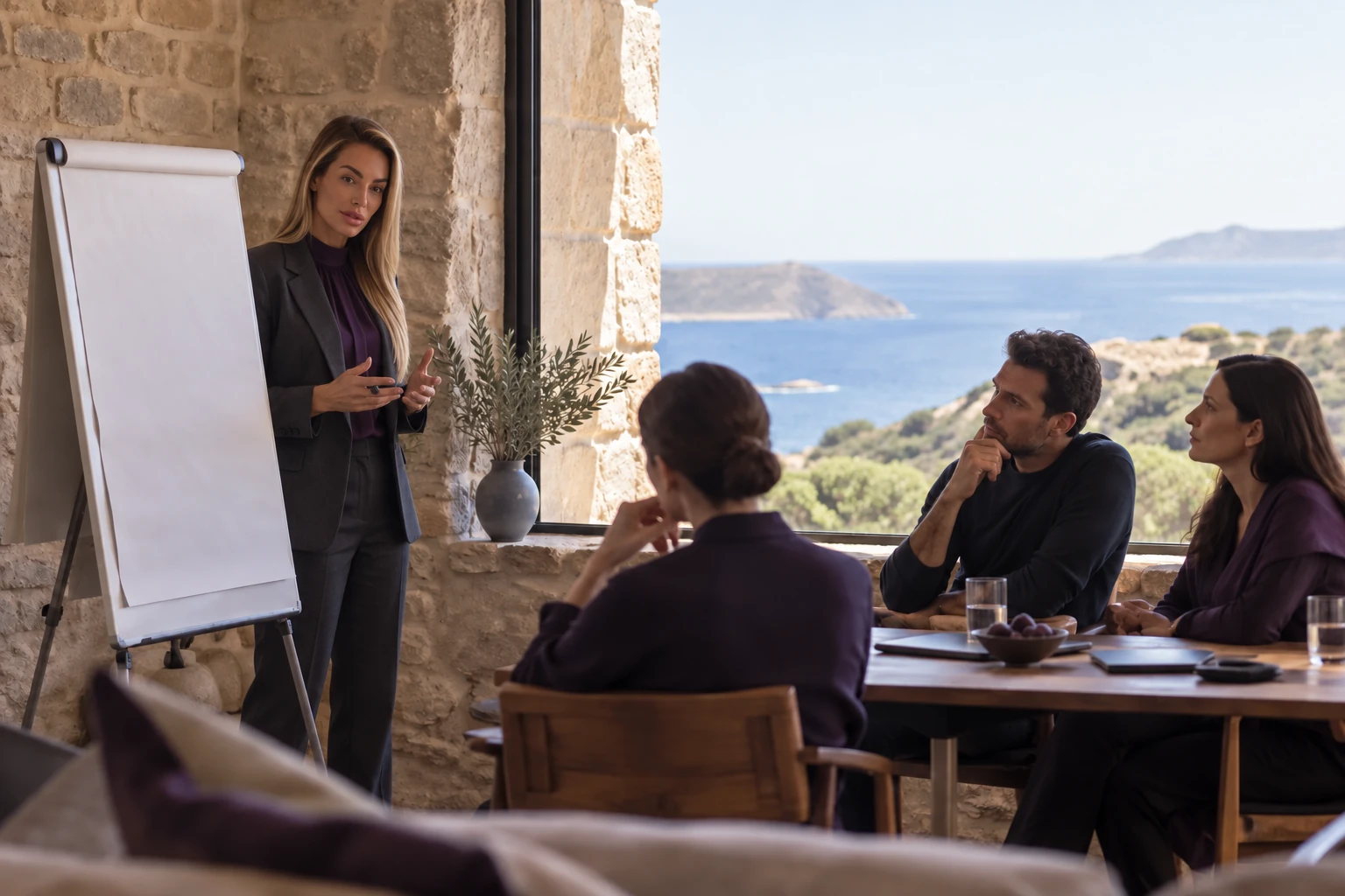 Illustrative scene: Petya standing beside a paper board while three leaders listen