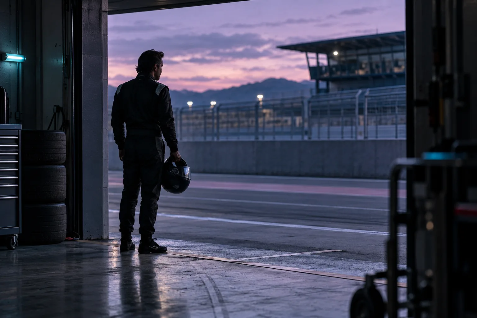 An adult driver holding a helmet at the edge of a quiet pit lane
