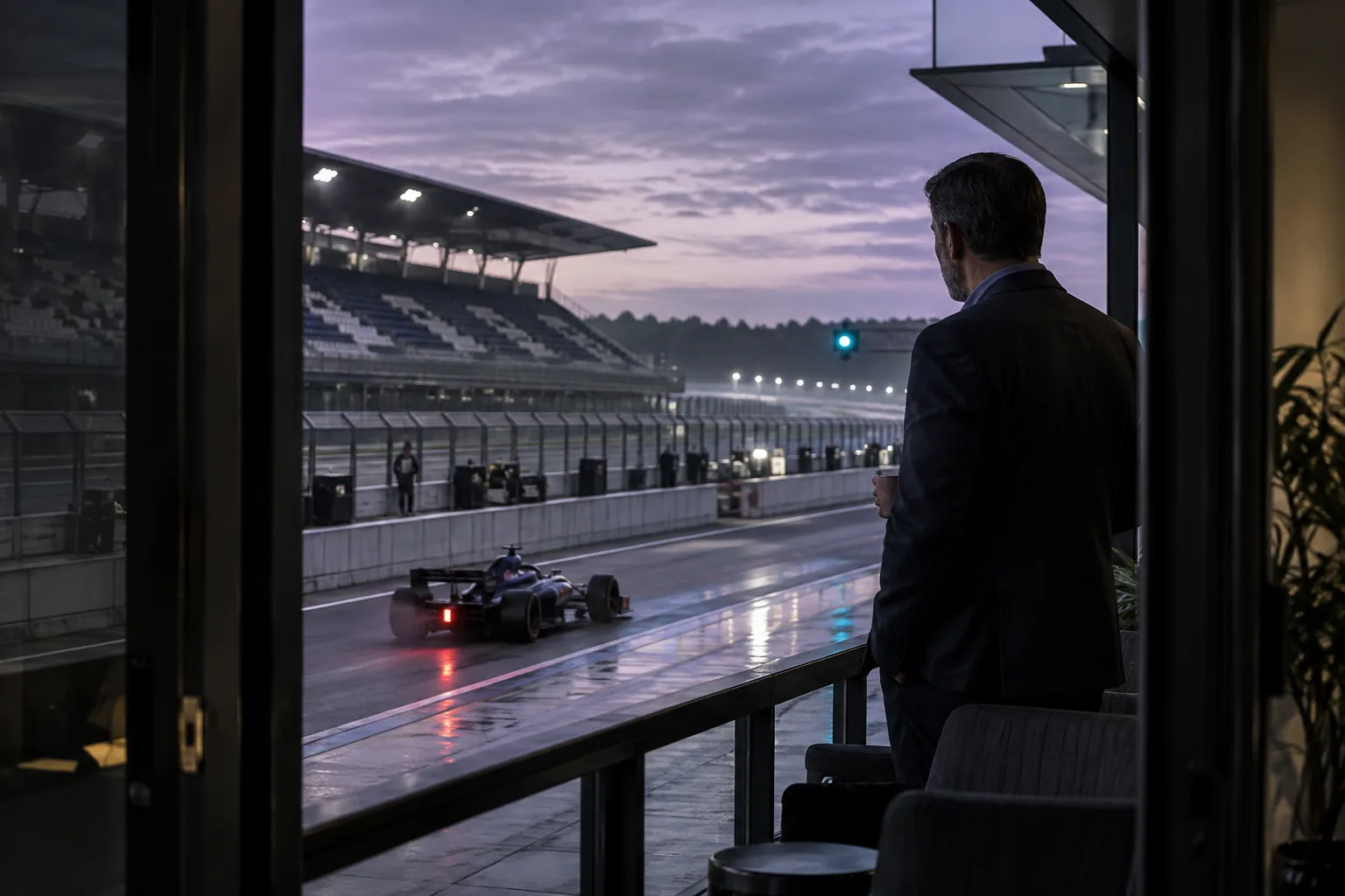 A race car passing a quiet pit wall, a contemporary executive observing from a protected balcony