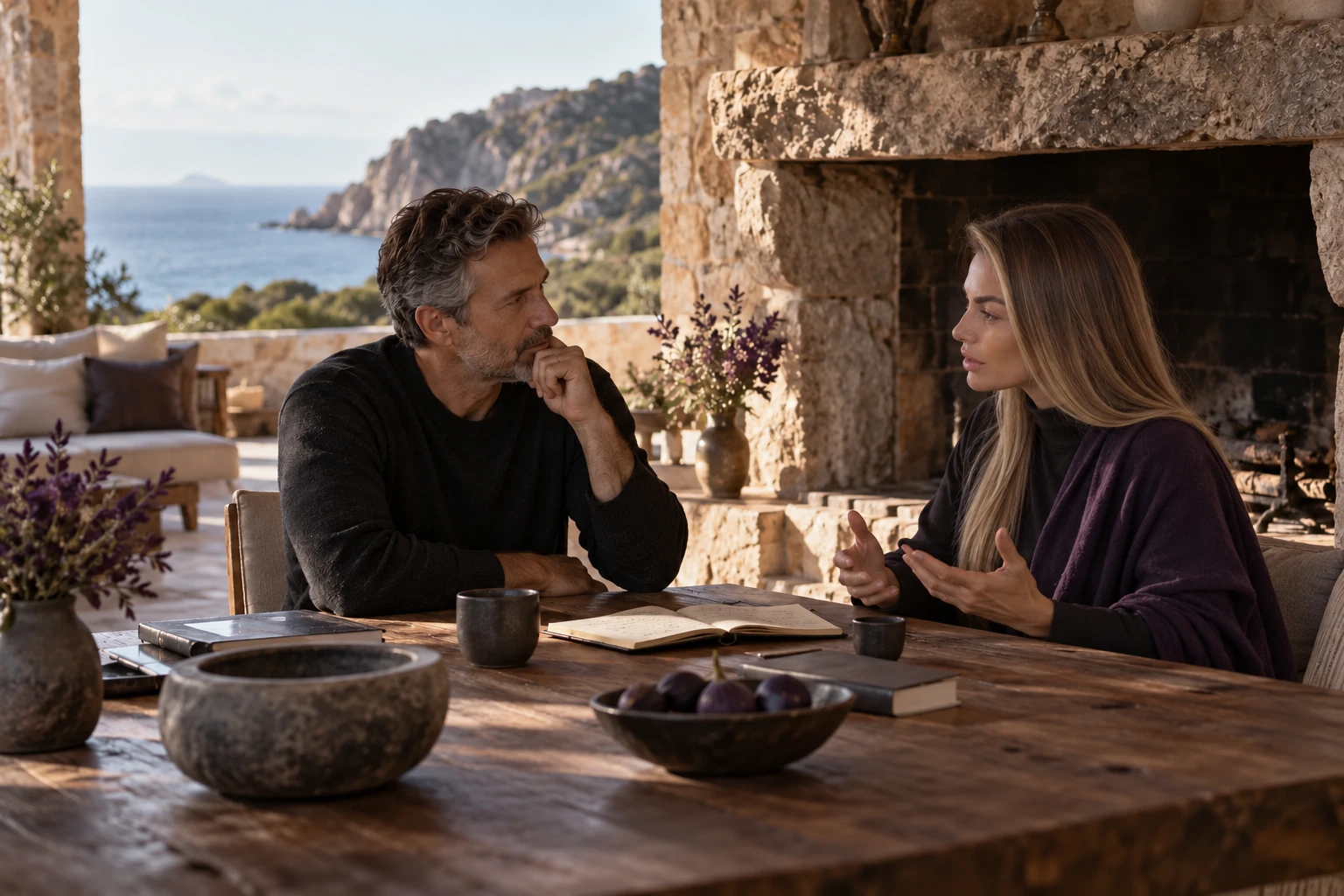 Illustrative scene: Petya and a senior leader in conversation beside an unlit stone fireplace