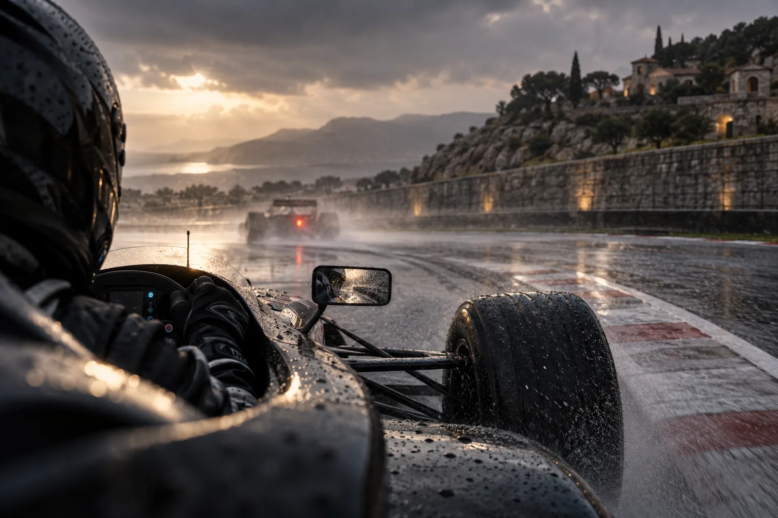 An unbranded open-wheel race car negotiating a wet corner, weather affecting the racing line