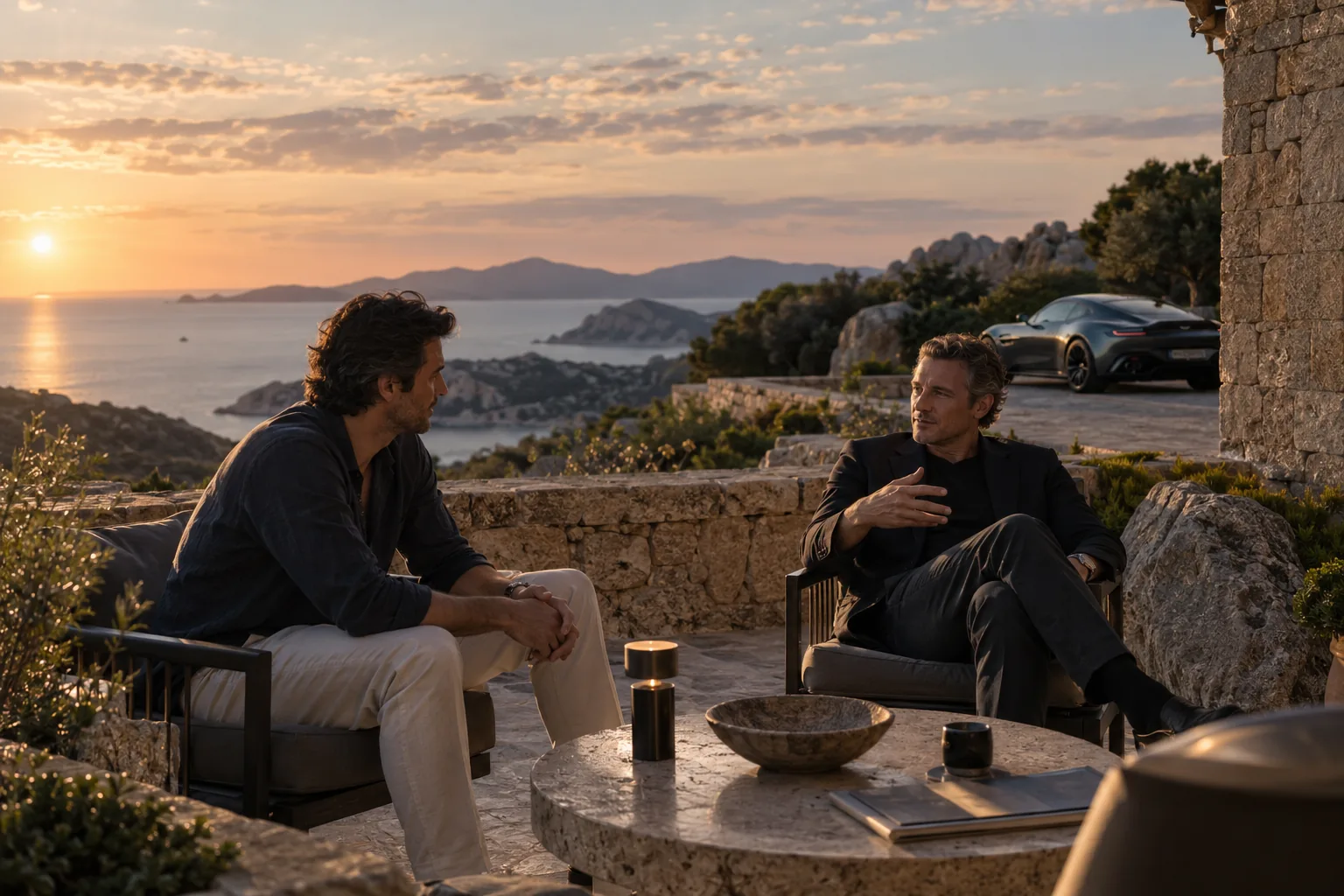 Two contemporary leaders in an unhurried conversation on a stone terrace