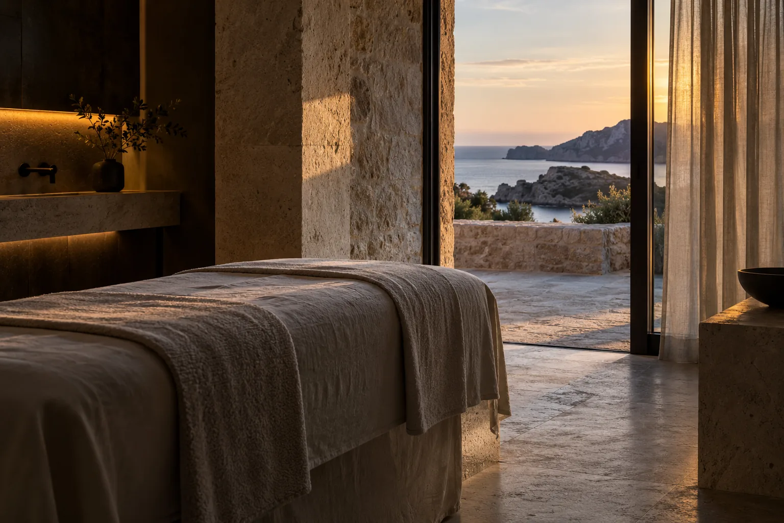 A private treatment room with linen and warm stone, no person, no wellness props