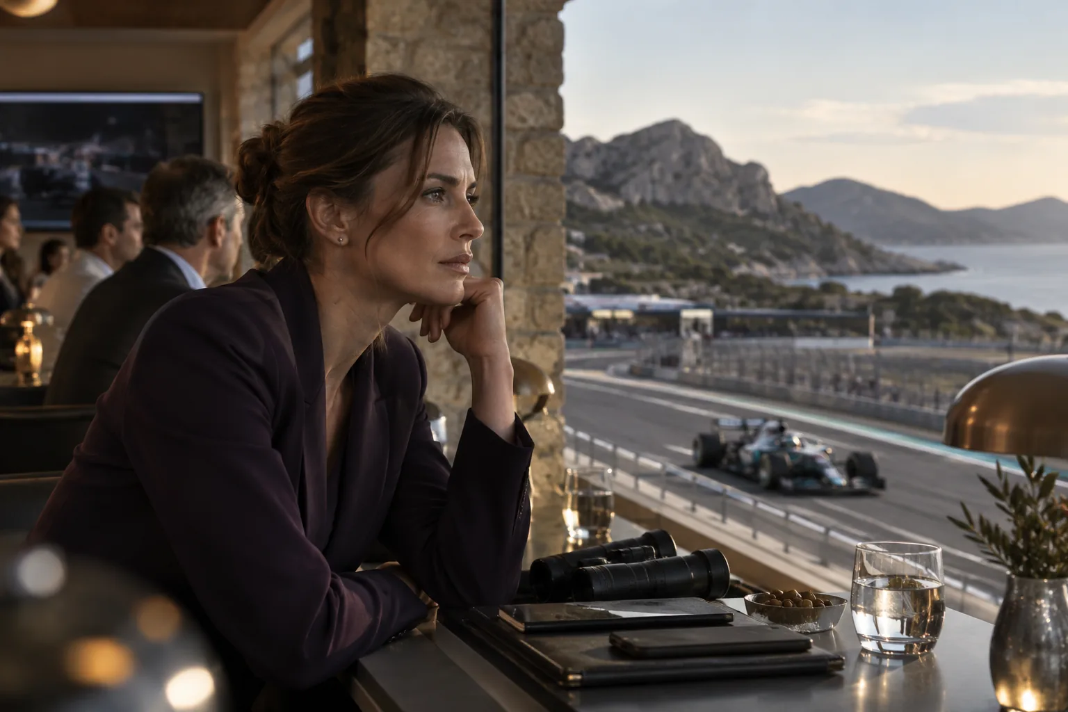 A woman CEO aged 42 observing an unbranded open-wheel race from a private viewing room