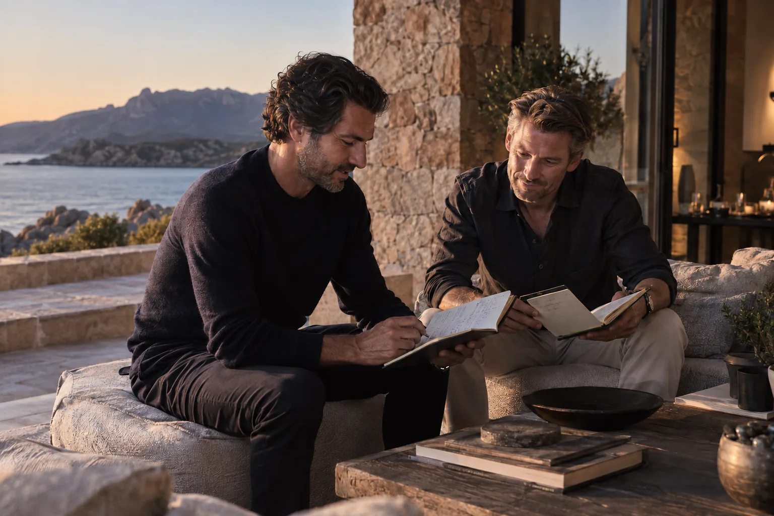 Two founders comparing their handwritten reflections after a facilitated session