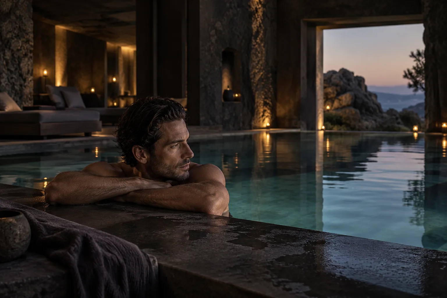An executive resting at the edge of a quiet volcanic-stone pool