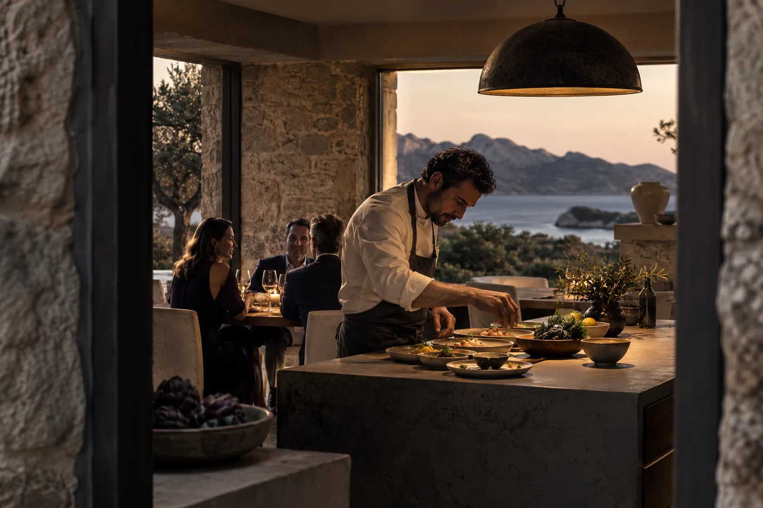 A chef finishing a considered Italian dish in a private residence kitchen