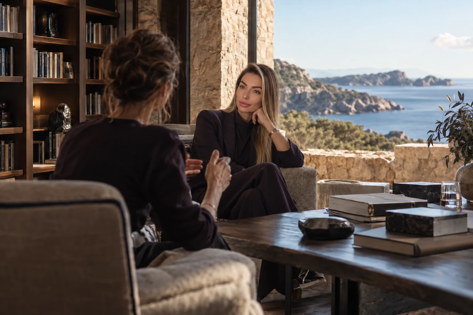 Illustrative scene: Petya listening to a founder in a private library overlooking the coast