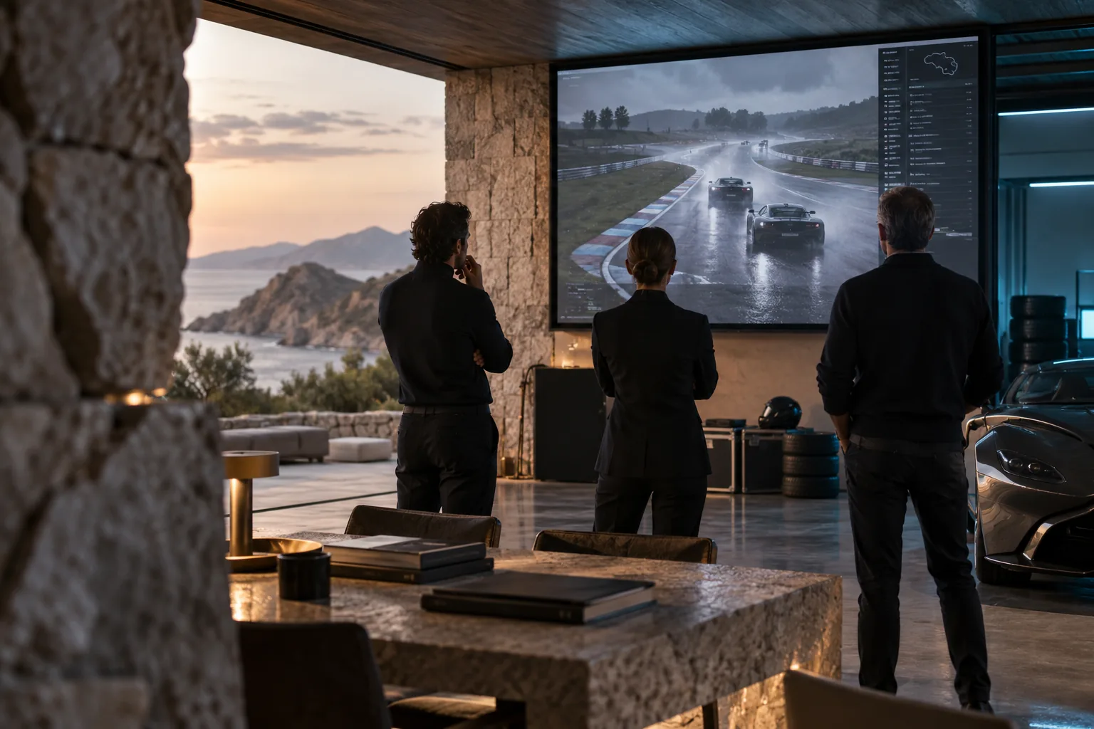 Three contemporary leaders seen from behind observing changing race conditions on a large screen
