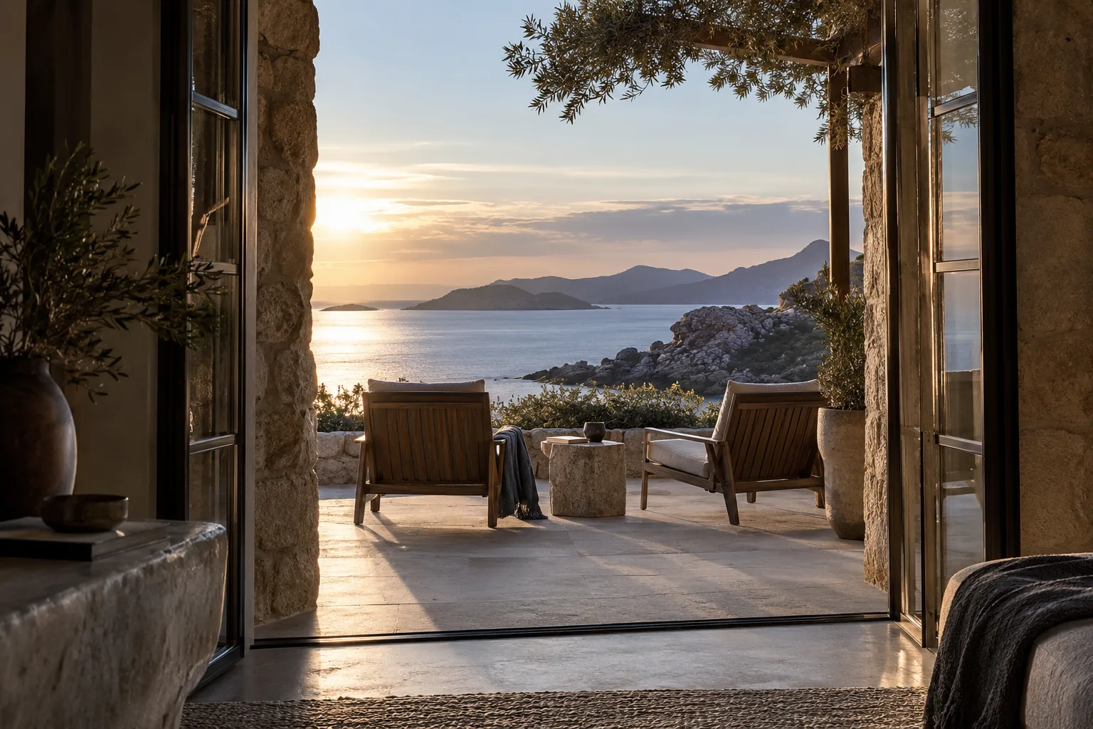A quiet sheltered terrace with two unoccupied chairs facing the sea, room for reflection