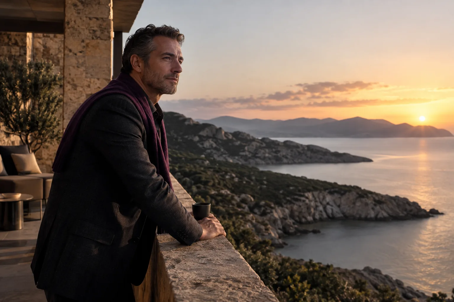 An executive aged 46 standing at a private pit-wall balcony in early light